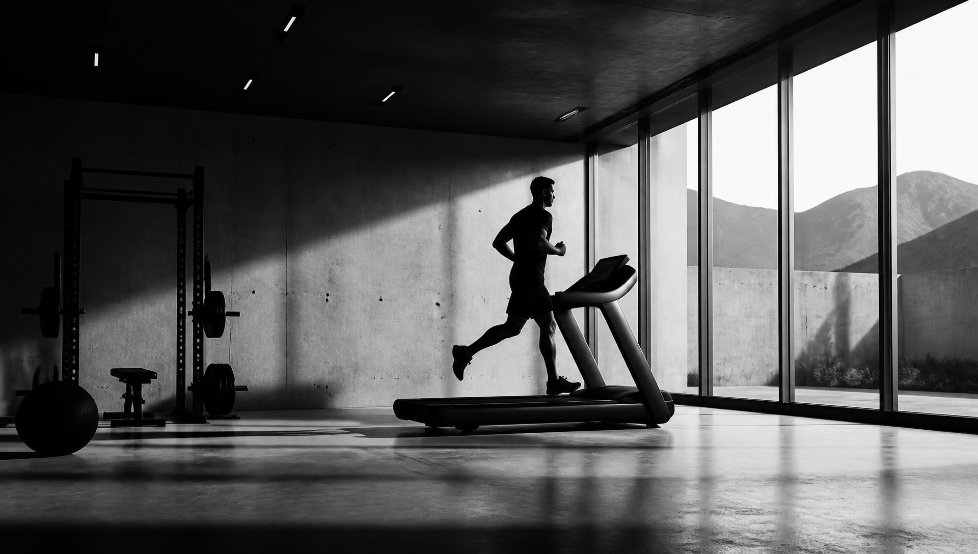 Athlete running on a treadmill in a modern concrete performance facility